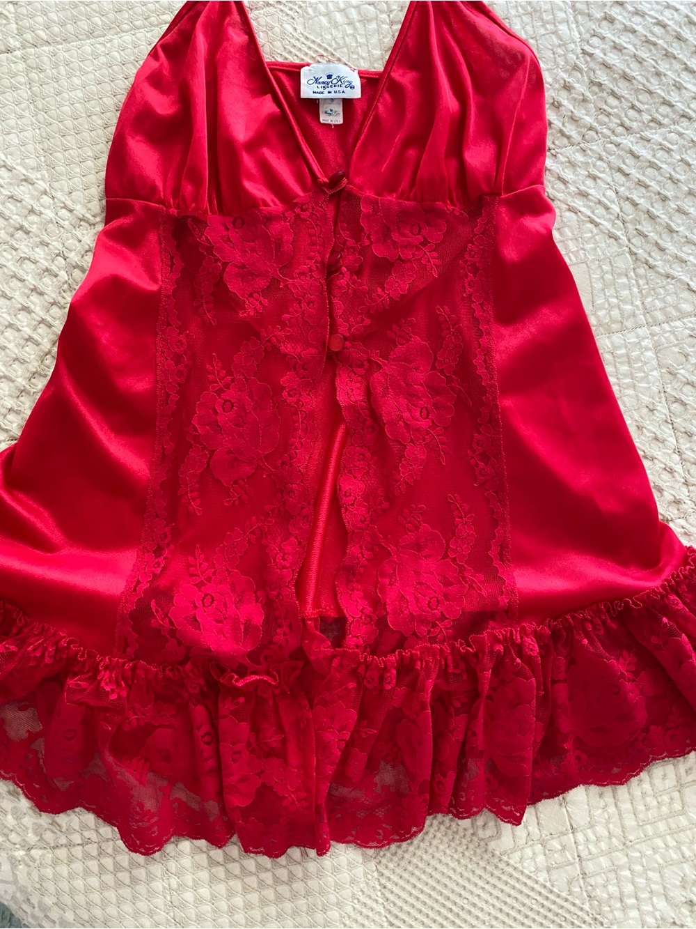 VINTAGE Honey King Red Satin Lace Mesh Boudoir Babydoll Ruffled Hem Lingerie - Picture 4 of 6